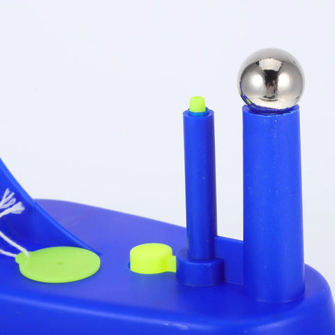 Close-up of the awesome educational pendulum inertia demonstrator for physics experiments in sky-blue, showing metal ball detail.
