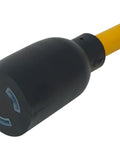 Close-up of Generator Adapter Cord Converts 15 Amp To 20 Amp Receptacle With Twist To Lock Plug, rugged black and yellow cord