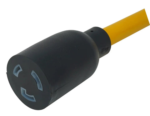 Close-up of Generator Adapter Cord Converts 15 Amp To 20 Amp Receptacle With Twist To Lock Plug, rugged black and yellow cord