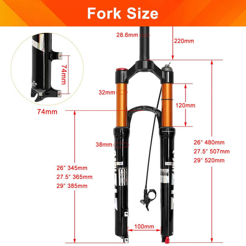 Diagram showing Lightweight 120mm Travel Air Suspension Fork For XC And AM Mountain Bikes One Eighth Inch Straight Steerer dimensions.