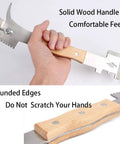 7 in 1 Beekeeping Tool With Wooden Handle The Ultimate Go To Bee Hive Scraper J Hook Frame Lifter And More For Pros Built Tough For Daily Beekeeping Tasks Ergonomic Grip Lightweight And Durable showcasing ergonomic wooden handle being held.