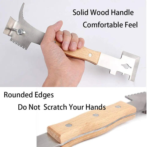 7 in 1 Beekeeping Tool With Wooden Handle The Ultimate Go To Bee Hive Scraper J Hook Frame Lifter And More For Pros Built Tough For Daily Beekeeping Tasks Ergonomic Grip Lightweight And Durable showcasing ergonomic wooden handle being held.