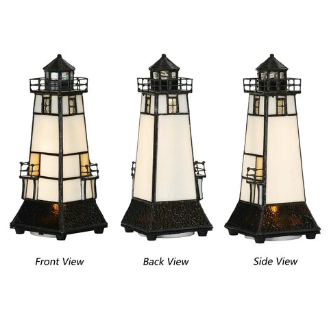 Lighthouse Tiffany Style Stained Glass Accent Table Lamp Night Light With Lookout Platform, front, back, side views displayed