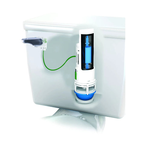 HydroRight Dual Flush Valve And Lever Handle Replacement For Standard Toilets White Finish shown on a mounted toilet