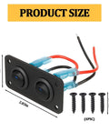 Two Gang Rocker Toggle Switch Panel For Cars with LED Lighted 12V 10A Waterproof SPST On Off Switches, dimensions and screws shown.