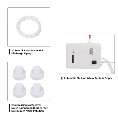 Bottled Water Dispenser Pump System With 20 Foot Reach, 110V AC US Plug, Single Inlet parts including piping and control unit.