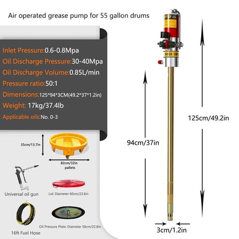 Workhorse 50 To 1 Ratio Pneumatic Grease Pump With 16 Foot Tubing And Universal Fit For 55 Gallon Drums showing dimensions and components.