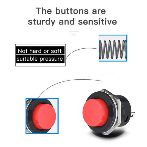 Close-up of red 24Pcs 16Mm Momentary Push Button Switches 2 Pin Self Resetting Round On Off 3A 250V AC with spring detail