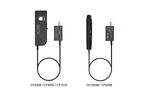 Top Shelf High Frequency AC DC Current Probe Packing 8MHz Bandwidth And 300 Amp RMS Plus 500 Amp Peak Range shown side by side.