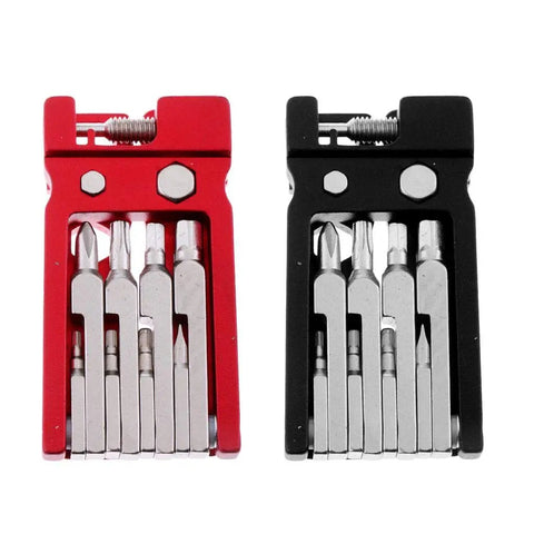 Compact Bike Repair Tool Kit With Multiple Functions in red and black, portable emergency maintenance kit with sturdy steel construction.