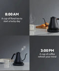 Gooseneck Electric Kettle With One Degree Fahrenheit Precision Temperature Control 100 To 212 F 1200W Fast Heat Up 0.8L Auto Shut Off For Coffee Tea And Formula Barista Edition, black, on counter with tea and coffee setup, morning and afternoon use