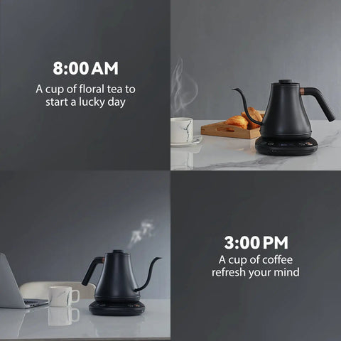 Gooseneck Electric Kettle With One Degree Fahrenheit Precision Temperature Control 100 To 212 F 1200W Fast Heat Up 0.8L Auto Shut Off For Coffee Tea And Formula Barista Edition, black, on counter with tea and coffee setup, morning and afternoon use