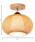 Bamboo Cage Ceiling Light in Wood Finish, Rural Style Pendant for Dining Room and Living Areas, 14 Inch, semi flush mount fixture.