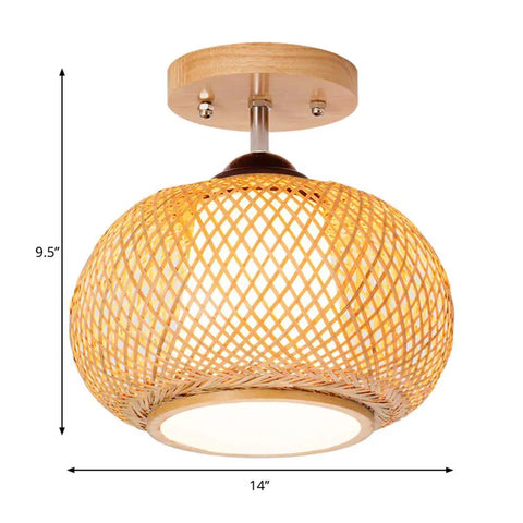 Bamboo Cage Ceiling Light in Wood Finish, Rural Style Pendant for Dining Room and Living Areas, 14 Inch, semi flush mount fixture.