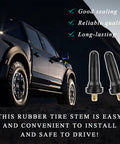Four Pack TPMS 20008 Tire Valve Stems With Rubber Airtight Seal For Pressure Sensors Snap In Tubeless Replacement next to a car
