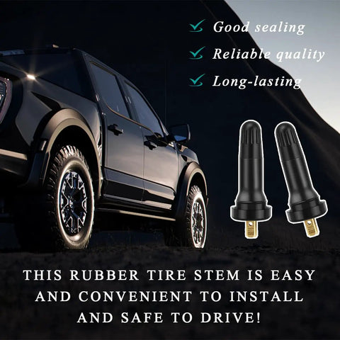 Four Pack TPMS 20008 Tire Valve Stems With Rubber Airtight Seal For Pressure Sensors Snap In Tubeless Replacement next to a car