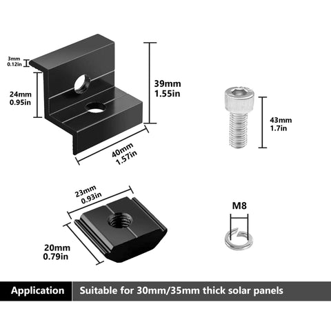 Heavy Duty Solar Panel End Clamps 10 Pack Fits 30 To 35 Millimeter Roof Mounts Top Shelf Aluminum Brackets With Legit 304 Stainless Steel Fasteners Black Finish Hits Different, components with dimensions shown.