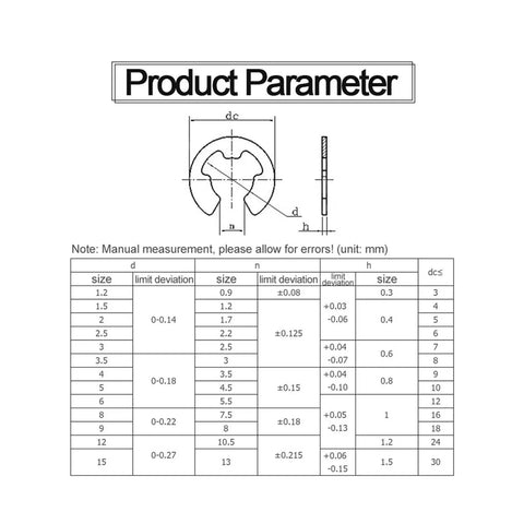 Diagram and size chart for 10-100 Pcs E Clips Retaining Rings For Car Engines Stainless Steel 304 And Carbon Steel Sizes 1.2mm To 15mm External Circlips Washer Rings Great For Bearings Pulleys Shafts And Gears