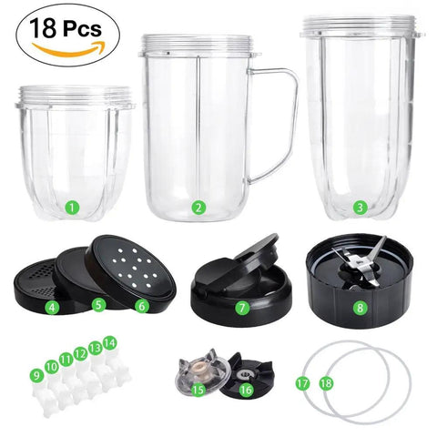 18-Piece Cup and Blade Replacement Set For Magic Bullet Blender MB1001 250W with cups, blades, lids, gears, gaskets, pads