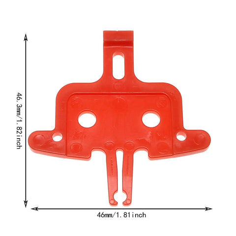 Red plastic piece from Six Piece Bicycle Brake Pad Spacer Kit For Hydraulic Disc Brakes shown with measurements in inches and mm.