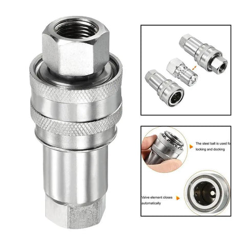 Beefy Heavy Duty Hydraulic Quick Connect Coupler Set With M16x1 5 Female Thread Carbon Steel Ball Locking Connector For Construction Forestry And Petroleum Equipment, close-up of coupler and diagram details