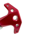 Heavy Duty Spring Loaded Pull Pin With Three Eighth Inch Stems And Slick Red Anodized Aluminum Knobs Rapid Locking Steel Bodies close-up of red knob and bracket