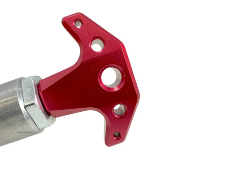 Heavy Duty Spring Loaded Pull Pin With Three Eighth Inch Stems And Slick Red Anodized Aluminum Knobs Rapid Locking Steel Bodies close-up of red knob and bracket