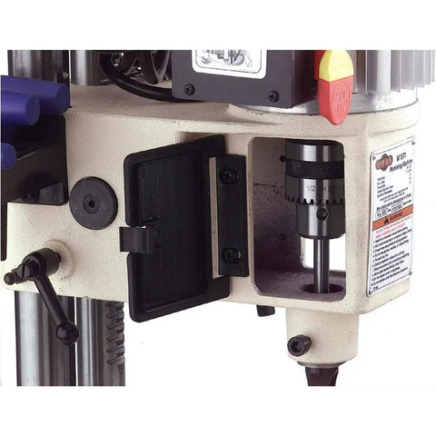 Close-up of the Badass Built Rock Solid Three Quarter Horsepower Heavy Duty Benchtop Mortising Machine internal components.