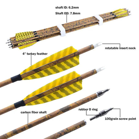 30 Inch Carbon Arrows For Compound Recurve And Traditional Bows With 4 Inch Turkey Feather Fletching 500 Spine Removable 100 Grain Screw In Tips Target Practice And Hunting Arrows Pack Of 6 showing bundle and close-up features