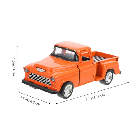 Totally Realistic Small Pickup Truck Model Miniature Figurine, orange, dimensions displayed, for home decor and tabletop display.