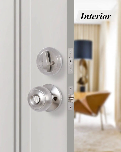 Interior view of Keyed Alike Deadbolt And Door Knob Set With Single Cylinder Lock In Satin Nickel Finish For Front Door