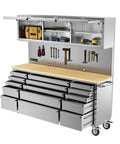 72 Inch Heavy Duty Tool Chest And Rolling Workbench With 15 Drawers, Wheels, Three Upper Cabinets, Pegboard, And Power Strip
