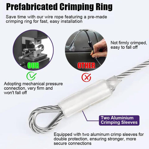 Heavy Duty 1/4 Inch Stainless Steel Cable 50ft With Wire Rope Clamps And Thimble, prefabricated crimping ring detail
