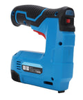 Slick Cordless Electric Brad Nailer And Staple Gun Rechargeable 2 In 1 Bottom Loading Fastening Tool side view with grip.