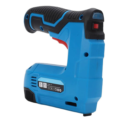 Slick Cordless Electric Brad Nailer And Staple Gun Rechargeable 2 In 1 Bottom Loading Fastening Tool side view with grip.
