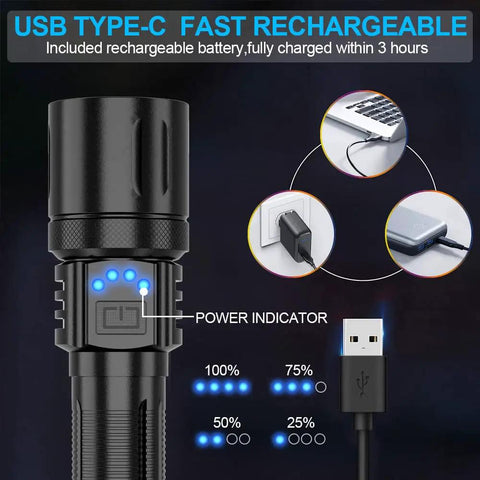 Beast Mode 2000 Lumen Rechargeable LED Flashlight Tactical Torch with Clip showing USB charging and power indicators
