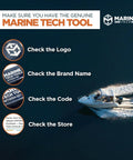Marine Tech Tool promotional banner: speedboat on dark blue water with orange circular icons on the left.