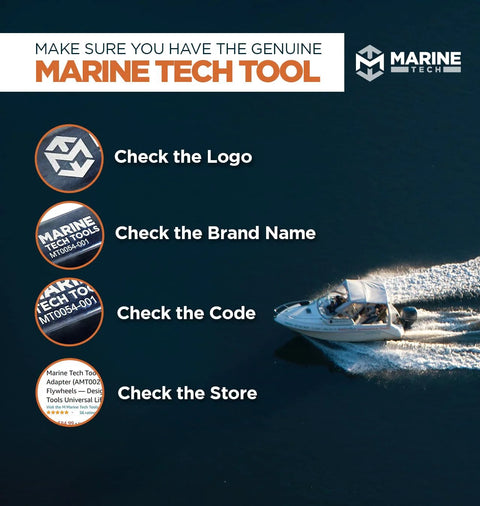 Marine Tech Tool promotional banner: speedboat on dark blue water with orange circular icons on the left.