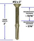 12x2 Reamer Self-Drilling Wood To Metal Screw with Torx Star Head T-30 showing length, wood, and metal thickness limits.