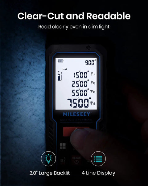 Digital Laser Tape Measure With 393ft Range And Upgraded Electronic Angle Sensor displaying measurements on backlit LCD