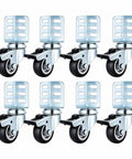 Heavy Duty Swivel Casters Badass Strength Storage Rack Wheels For Shelves Tables And Cabinets Supporting Up To 720 Lbs Total Weight Without Breaking A Sweat Garage Ready, set of eight chrome and black rubber wheels.