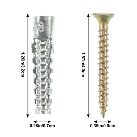 Heavy Duty Steel Hollow Wall Anchors With Screws Kit for Drywall and Plaster Walls, detailed size measurements shown