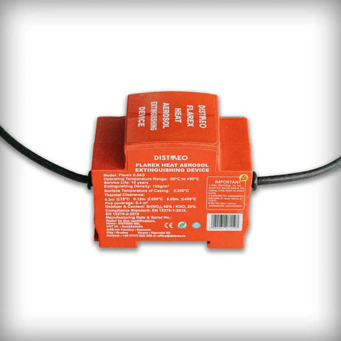 Auto Trigger Aerosol Fire Suppressor for Electrical Cabinets and Control Panels Zero Wiring Required Compact Heat Activated Extinguisher Stops Blazes in Seconds, detailed view of device with specifications.