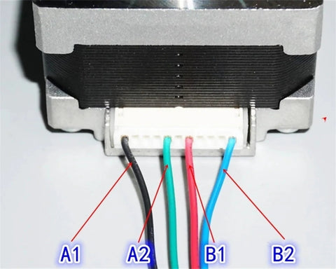 Front view of a 39x39mm flange bipolar stepper motor with four lead wires: black, green, red, blue.