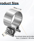 Adjustable Stainless Steel Exhaust Clamp 1.38 To 1.73 Inch Narrow Band Butt Joint Seal, showing product size and dimensions.