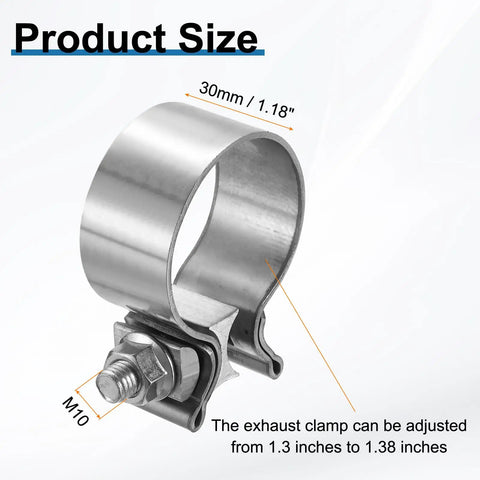 Adjustable Stainless Steel Exhaust Clamp 1.38 To 1.73 Inch Narrow Band Butt Joint Seal, showing product size and dimensions.