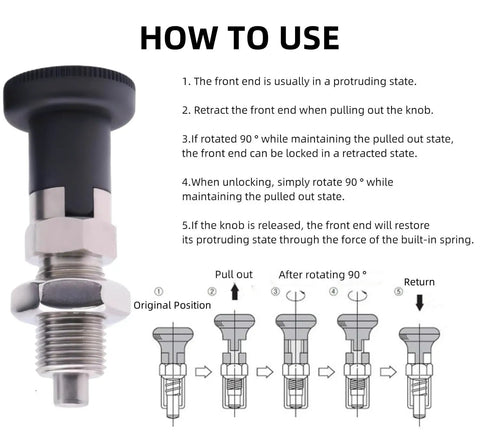 2 Pack Beefy Push Fit Ball Nose Spring Plungers M12x1.5 Stainless Steel Self Locking Indexing Plunger With Knob Positioning Pin And Lock Nut For Industrial Equipment Precision Alignment, demonstrating use steps.