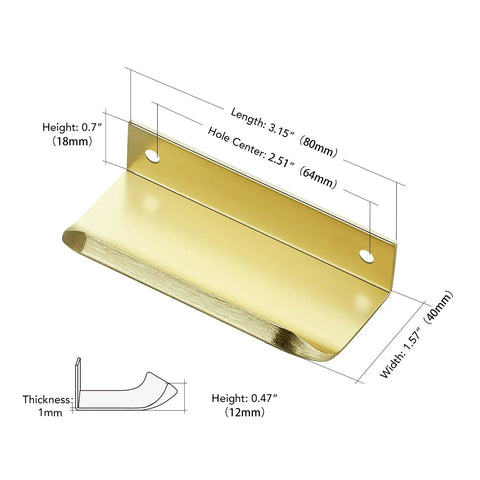 Premium Gold Cabinet Handles Finger Edge Pulls Sleek Brushed Finish dimensions 3.15 inch length with 2.51 inch hole center for easy installation.