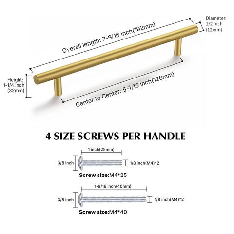 Diagram of Brass Gold Cabinet Handles 30 Pack 5 Inch Hole Center Drawer Pulls with dimensions and screw sizes.