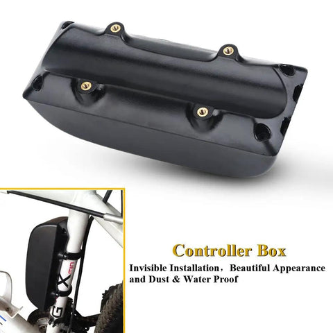 Kickass Heavy Duty Lithium Battery Controller Box For E Bike Conversion, 166x66x62mm, durable black plastic, installed on bike.